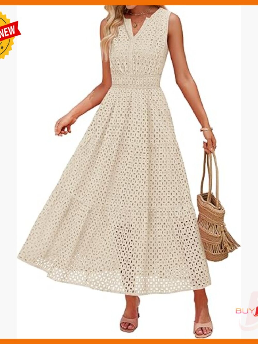 Sleeveless Maxi Dress With Eyelet Embroidery, V-Neck, Empire Waist, Side Pockets